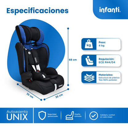 Autoasiento Unix Con Grupo 1, 2, 3 Convertible A Booster y Arnés de 5 Puntos