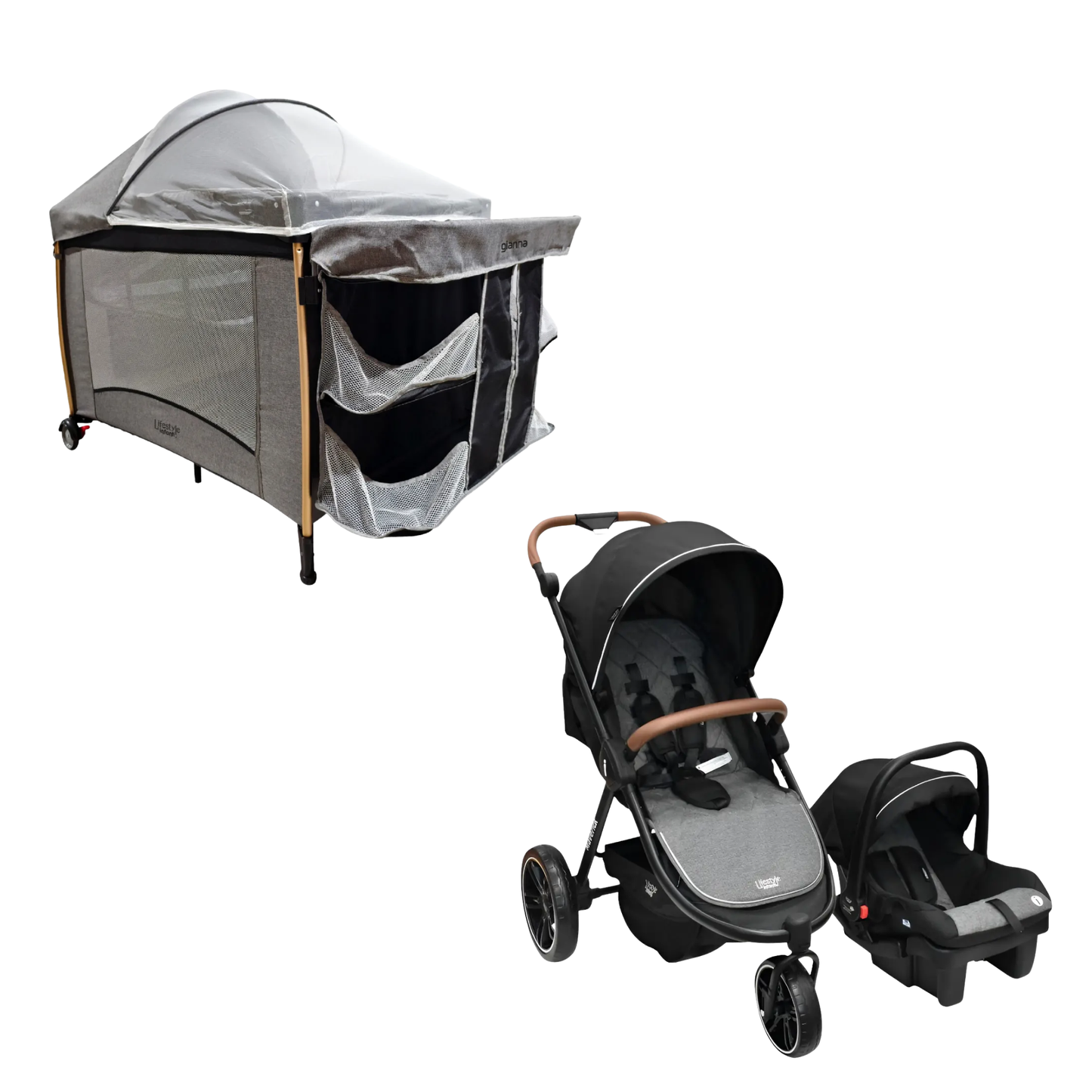 Set Carriola Travel Maverick y Cuna Gianna Lifestyle Gris
