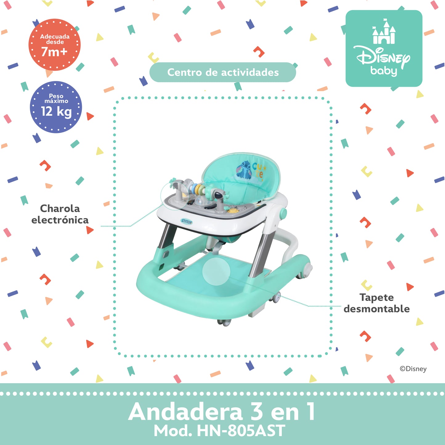 Andadera Stitch Disney 3 en 1 Con Charola Interactiva Led Sonido y Asiento Removible