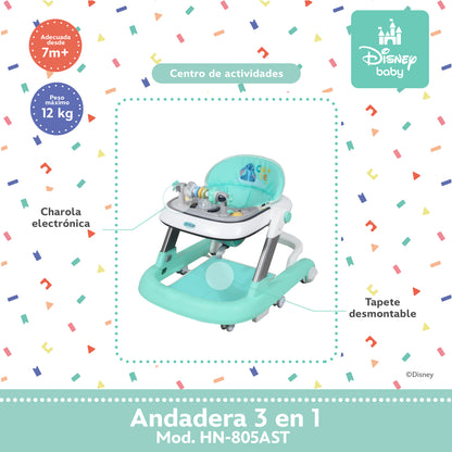 Andadera Stitch Disney 3 en 1 Con Charola Interactiva Led Sonido y Asiento Removible