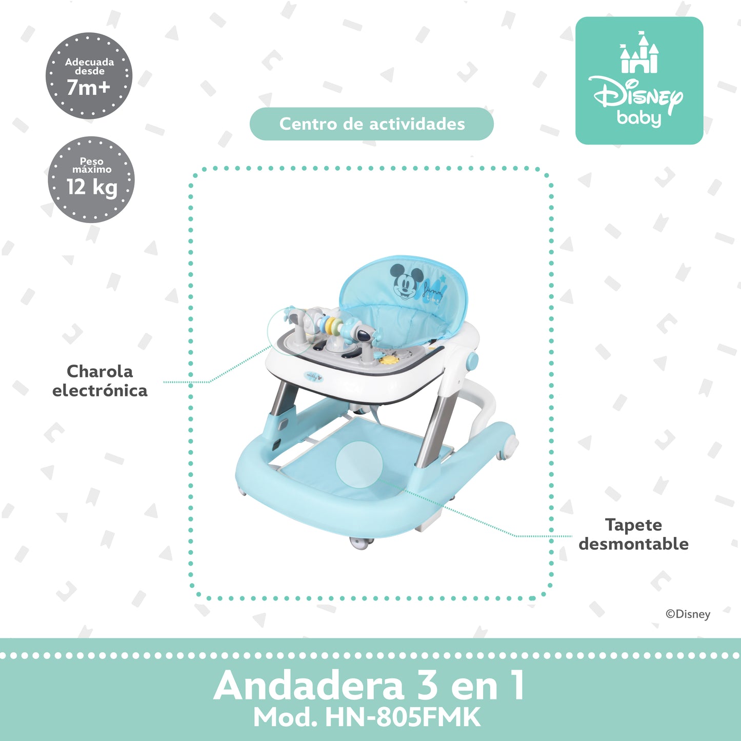 Andadera Disney 3 en 1 Con Charola Interactiva Led Sonido y Asiento Removible