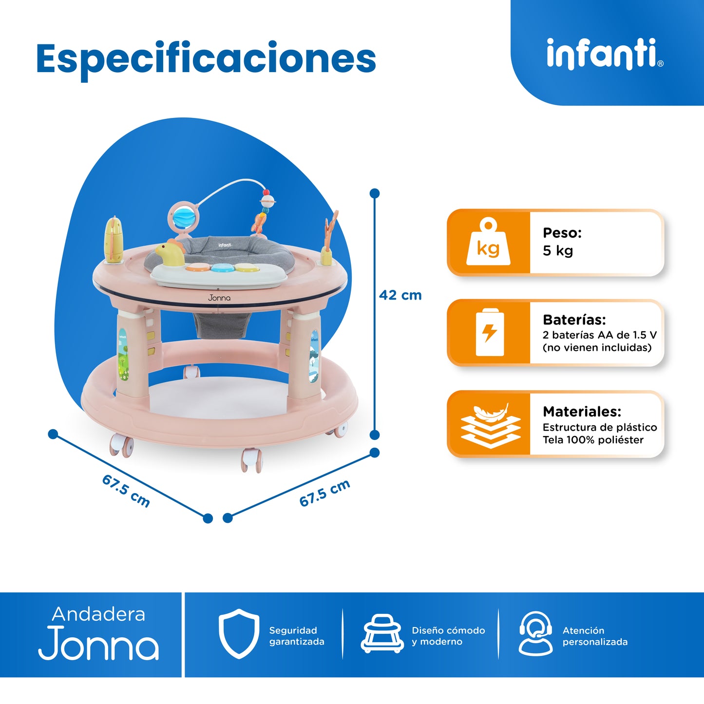 Andadera 4 en 1 Jonna Con Centro de Entretenimiento, Mesita Interactiva y Mesa de Juegos, Asiento Giratorio 360°, Altura Ajustable, Tapete Desmontable con Luz y Sonido, 12 kg max, Infanti.