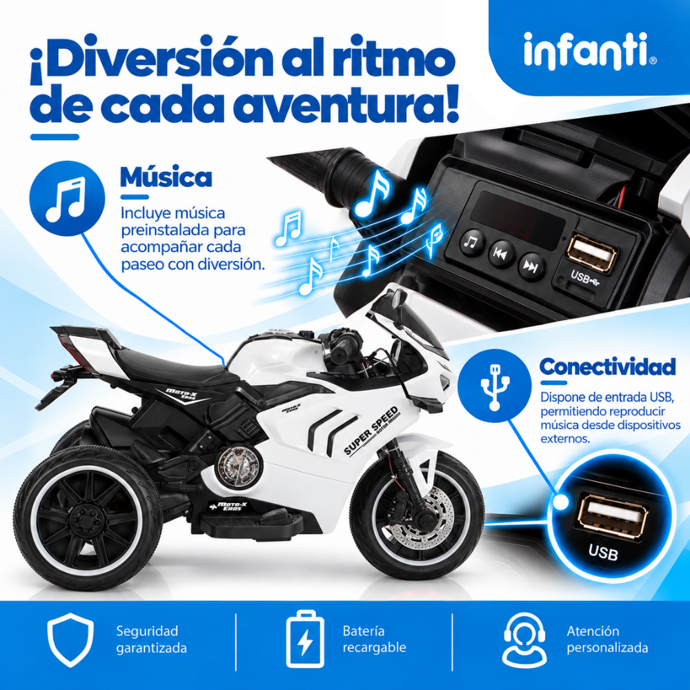 Moto Eléctrica Moto-X Deportiva Con Luces Música USB Y MP3