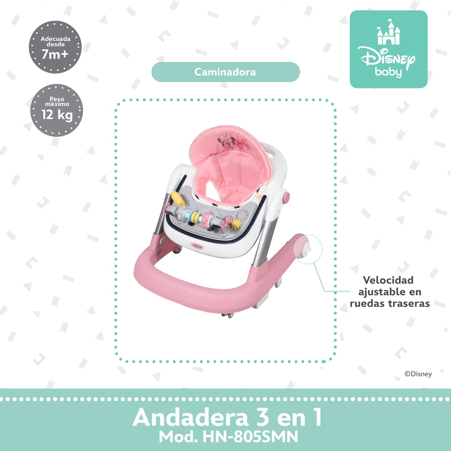 Andadera Disney 3 en 1 Con Charola Interactiva Led Sonido y Asiento Removible