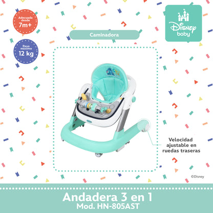 Andadera Stitch Disney 3 en 1 Con Charola Interactiva Led Sonido y Asiento Removible