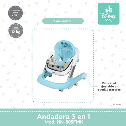 Andadera Disney 3 en 1 Con Charola Interactiva Led Sonido y Asiento Removible