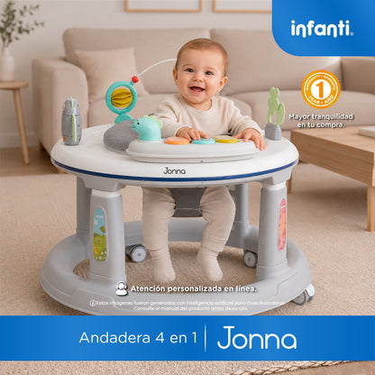 Andadera 4 en 1 Jonna Con Centro de Entretenimiento, Mesita Interactiva y Mesa de Juegos, Asiento Giratorio 360°, Altura Ajustable, Tapete Desmontable con Luz y Sonido, 12 kg max, Infanti.