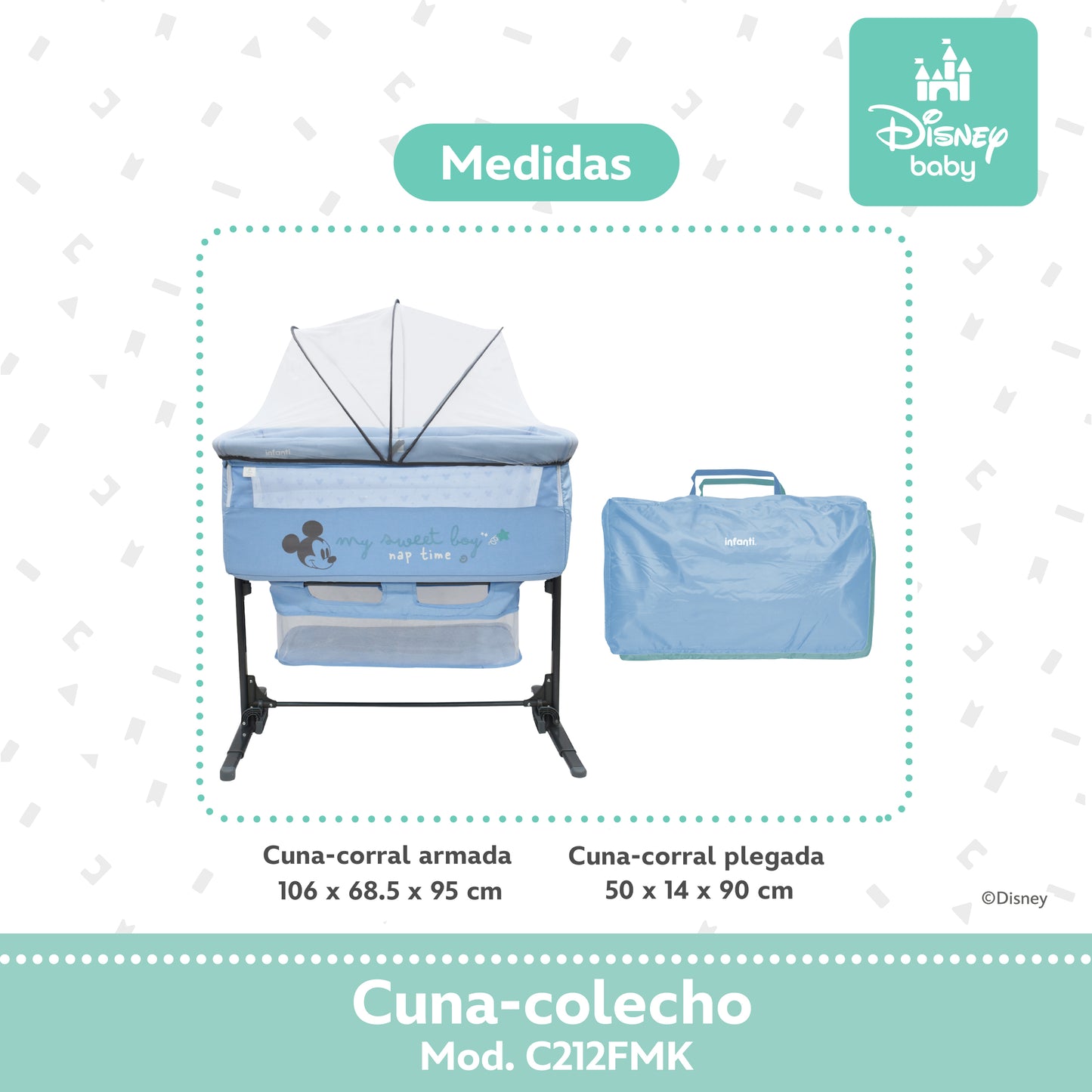 Cuna Colecho Disney Plegable Con Mosquitero Y Lateral Abatible