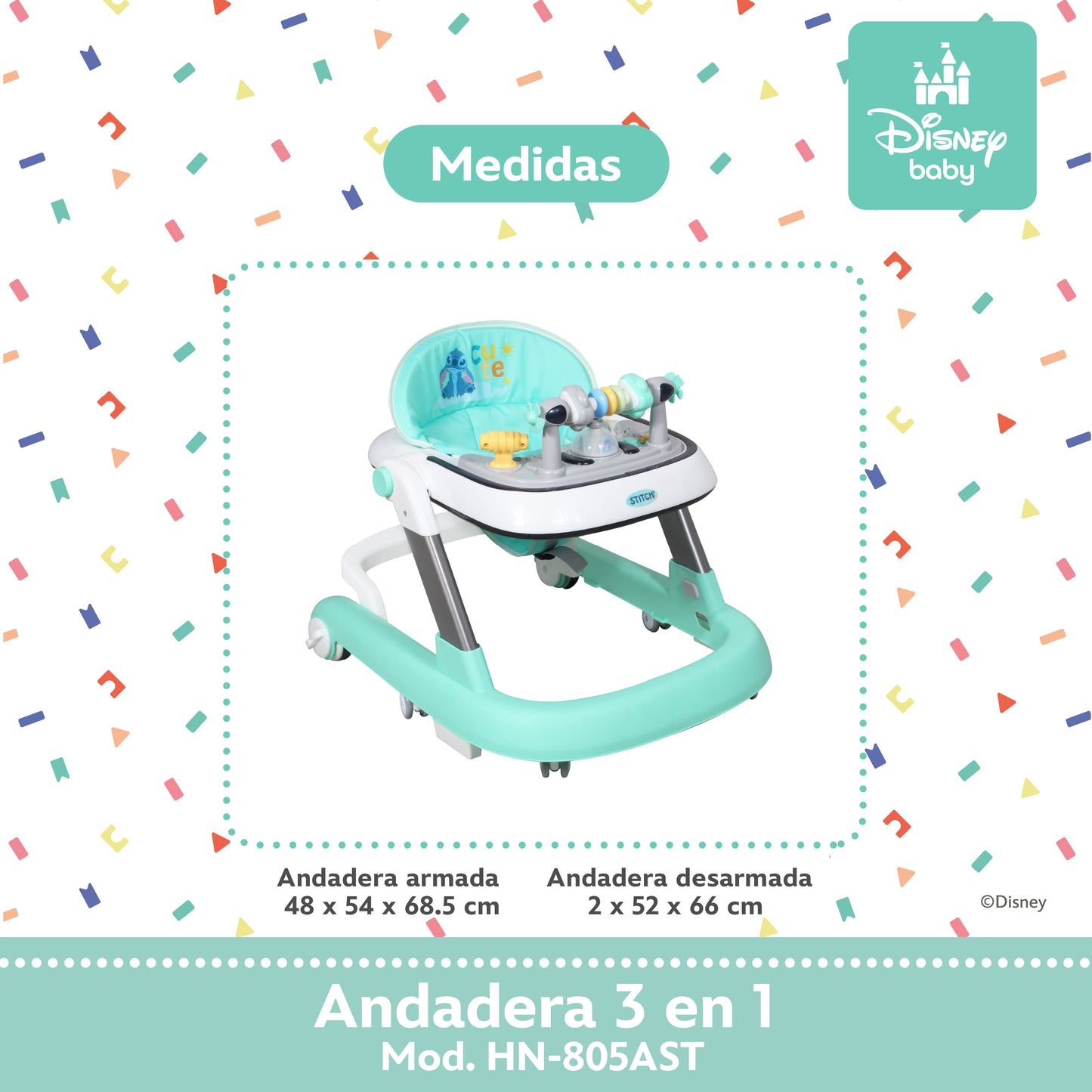 Andadera Stitch Disney 3 en 1 Con Charola Interactiva Led Sonido y Asiento Removible