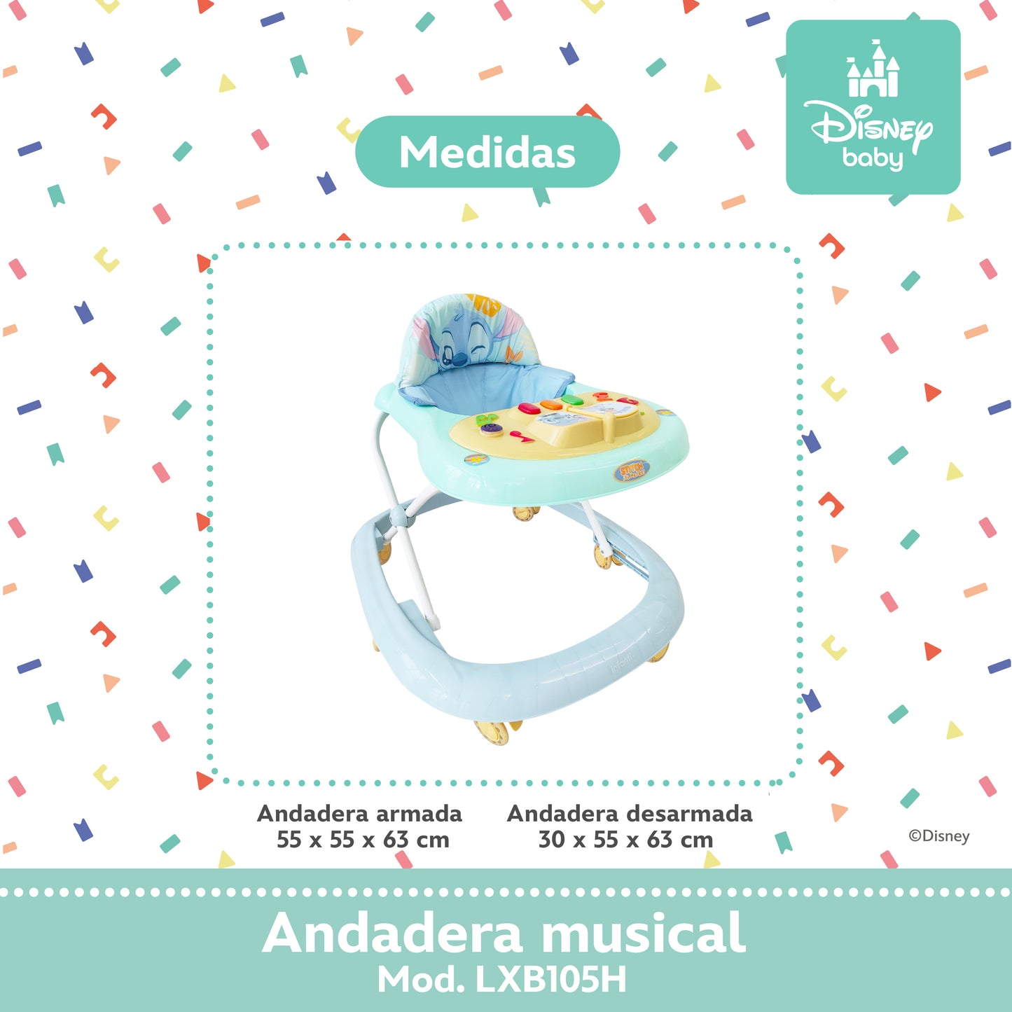 Andadera Musical Para Bebé Stitch Disney Altura Ajustable