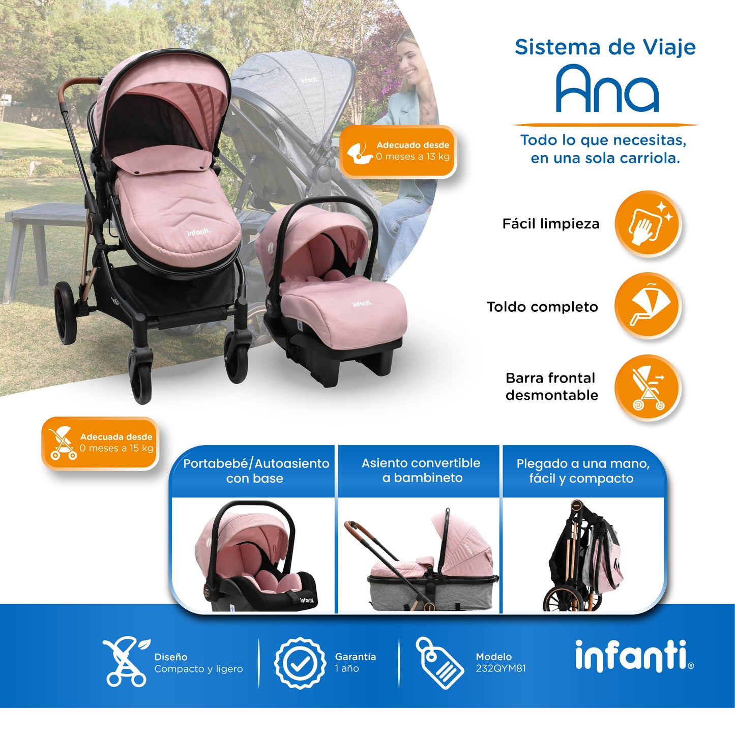 Carriola Travel System Ana Asiento Reversible Convertible en Bambineto, Portabebé Autoasiento y Base, Plegado Compacto, Arnés de 5 Puntos, Toldo con Ventanilla, Cubrepiés y Canastilla Infanti