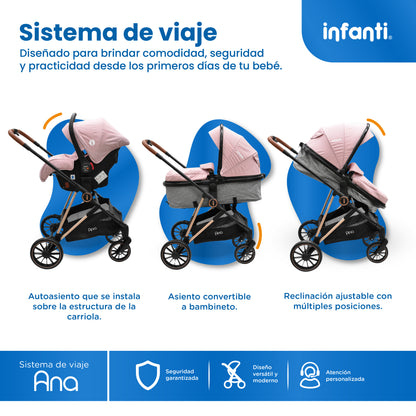 Carriola Travel System Ana Asiento Reversible Convertible en Bambineto, Portabebé Autoasiento y Base, Plegado Compacto, Arnés de 5 Puntos, Toldo con Ventanilla, Cubrepiés y Canastilla Infanti