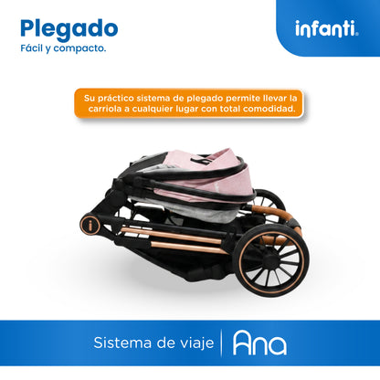 Carriola Travel System Ana Asiento Reversible Convertible en Bambineto, Portabebé Autoasiento y Base, Plegado Compacto, Arnés de 5 Puntos, Toldo con Ventanilla, Cubrepiés y Canastilla Infanti