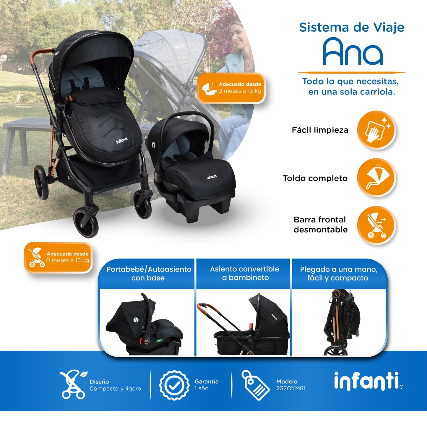 Carriola Travel System Ana Asiento Reversible Convertible en Bambineto, Portabebé Autoasiento y Base, Plegado Compacto, Arnés de 5 Puntos, Toldo con Ventanilla, Cubrepiés y Canastilla Infanti