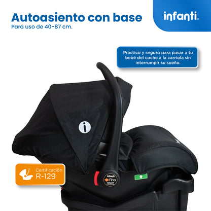 Carriola Travel System Ana Asiento Reversible Convertible en Bambineto, Portabebé Autoasiento y Base, Plegado Compacto, Arnés de 5 Puntos, Toldo con Ventanilla, Cubrepiés y Canastilla Infanti