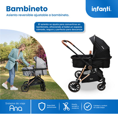 Carriola Travel System Ana Asiento Reversible Convertible en Bambineto, Portabebé Autoasiento y Base, Plegado Compacto, Arnés de 5 Puntos, Toldo con Ventanilla, Cubrepiés y Canastilla Infanti