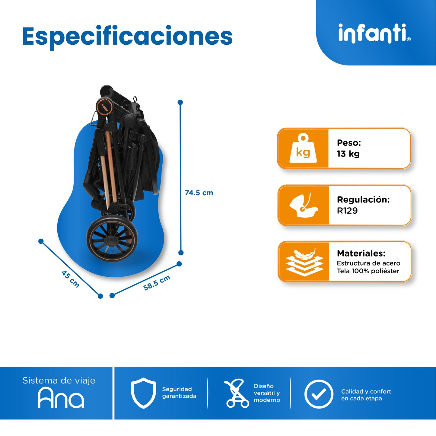Carriola Travel System Ana Asiento Reversible Convertible en Bambineto, Portabebé Autoasiento y Base, Plegado Compacto, Arnés de 5 Puntos, Toldo con Ventanilla, Cubrepiés y Canastilla Infanti