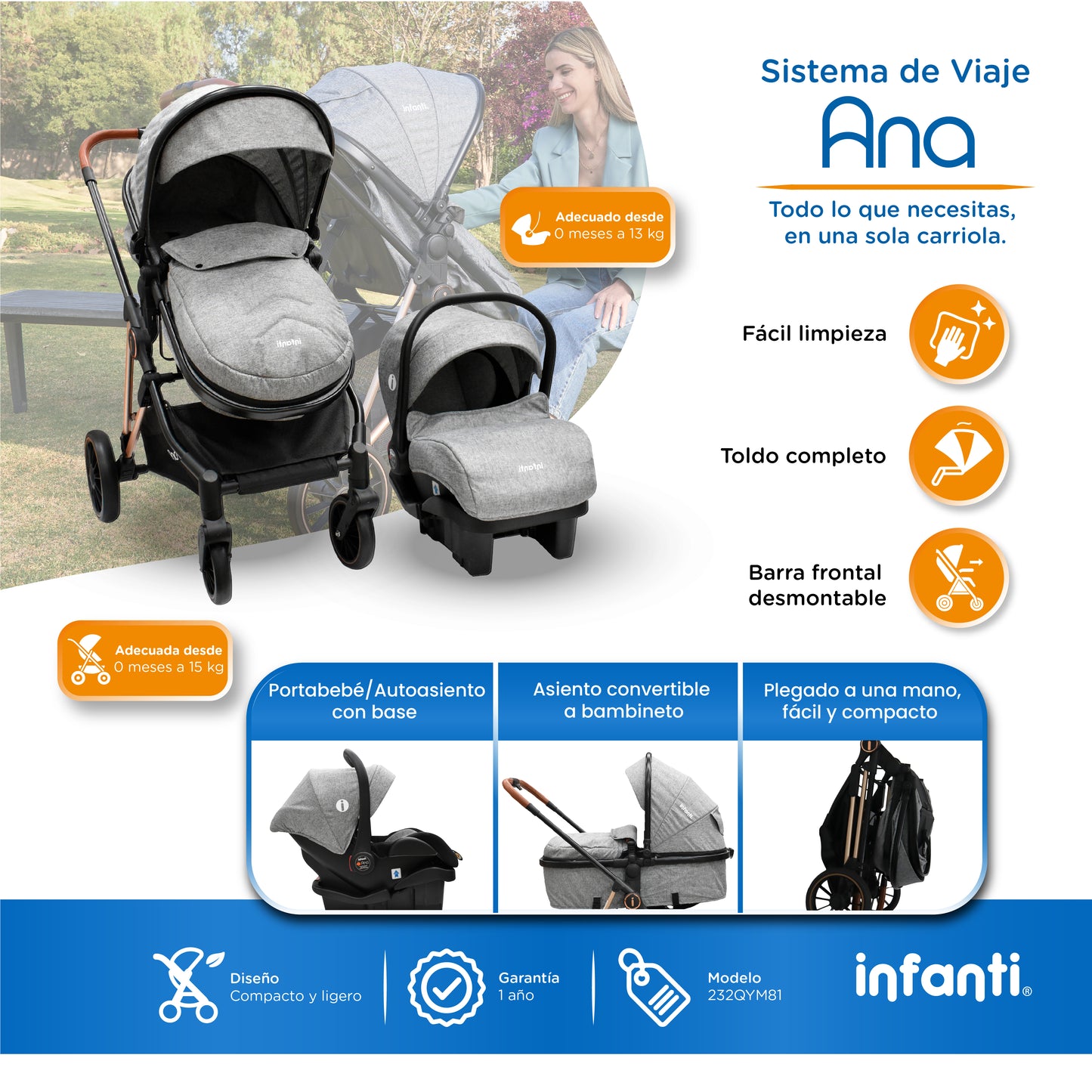 Carriola Travel System Ana Asiento Reversible Convertible en Bambineto, Portabebé Autoasiento y Base, Plegado Compacto, Arnés de 5 Puntos, Toldo con Ventanilla, Cubrepiés y Canastilla Infanti