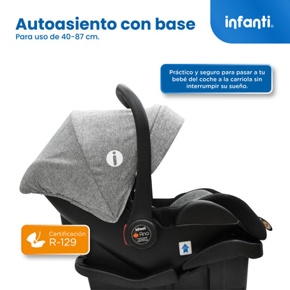 Carriola Travel System Ana Asiento Reversible Convertible en Bambineto, Portabebé Autoasiento y Base, Plegado Compacto, Arnés de 5 Puntos, Toldo con Ventanilla, Cubrepiés y Canastilla Infanti