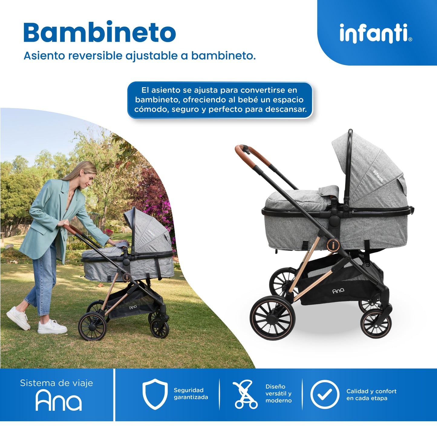 Carriola Travel System Ana Asiento Reversible Convertible en Bambineto, Portabebé Autoasiento y Base, Plegado Compacto, Arnés de 5 Puntos, Toldo con Ventanilla, Cubrepiés y Canastilla Infanti