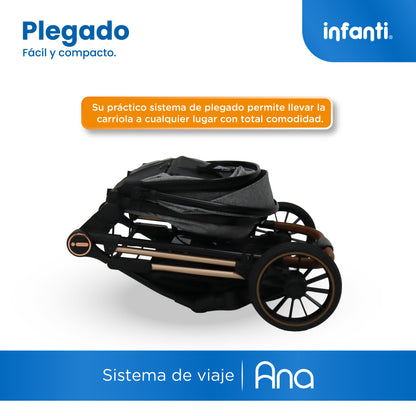 Carriola Travel System Ana Asiento Reversible Convertible en Bambineto, Portabebé Autoasiento y Base, Plegado Compacto, Arnés de 5 Puntos, Toldo con Ventanilla, Cubrepiés y Canastilla Infanti