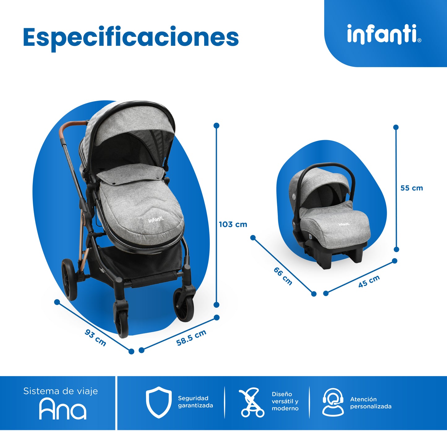 Carriola Travel System Ana Asiento Reversible Convertible en Bambineto, Portabebé Autoasiento y Base, Plegado Compacto, Arnés de 5 Puntos, Toldo con Ventanilla, Cubrepiés y Canastilla Infanti