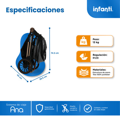 Carriola Travel System Ana Asiento Reversible Convertible en Bambineto, Portabebé Autoasiento y Base, Plegado Compacto, Arnés de 5 Puntos, Toldo con Ventanilla, Cubrepiés y Canastilla Infanti