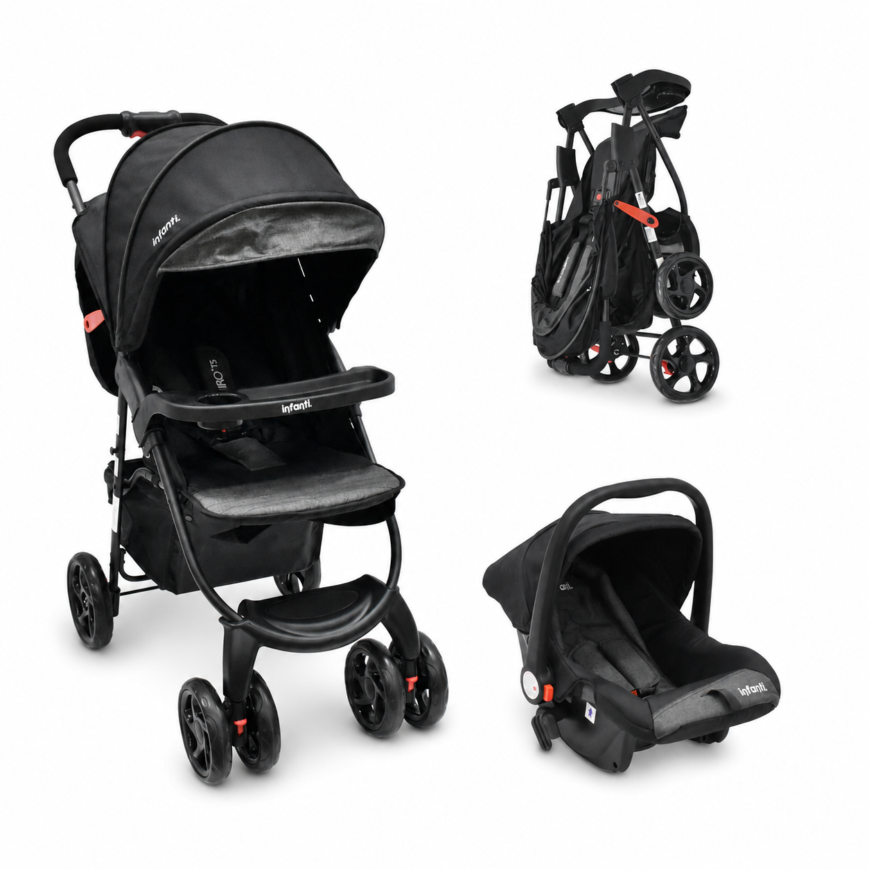 Carriola Travel System Hiro TS Con Portabebé, Plegado a una Mano, Arnés De 5 Puntos, Reclinaciones, Toldo Completo, Charola Con Portavasos y Frenos. Desde Recién Nacido. Hasta 15 kg, Infanti