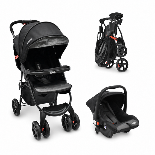 Carriola Travel System Hiro TS Con Portabebé, Plegado a una Mano, Arnés De 5 Puntos, Reclinaciones, Toldo Completo, Charola Con Portavasos y Frenos. Desde Recién Nacido. Hasta 15 kg, Infanti