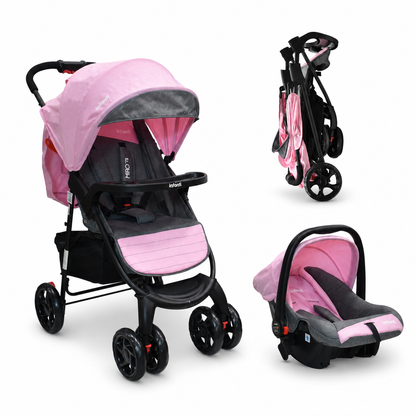 Carriola Travel System Hiro TS Con Portabebé, Plegado a una Mano, Arnés De 5 Puntos, Reclinaciones, Toldo Completo, Charola Con Portavasos y Frenos. Desde Recién Nacido. Hasta 15 kg, Infanti