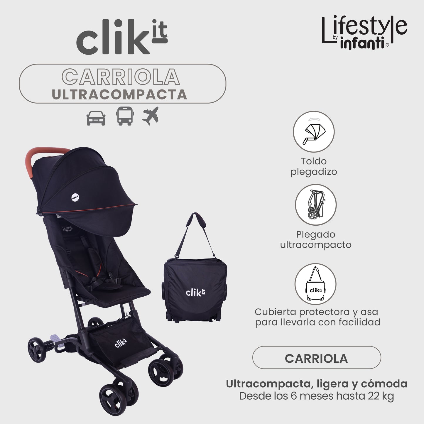 Carriola Lifestyle By Infanti Clik It Plegable Ligera Ideal Para Llevarla En Avión