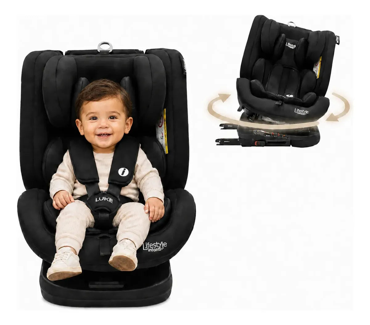 Autoasiento Evolutivo Luke Negro Con Sistema ISOFIX, Top Tether, Giro 360° De 40 a 150 cm, Reclinación Ajustable, Arnés de 5 Puntos, Cabecera Ajustable, Certificación ECE R44/04 Lifestyle By Infanti.