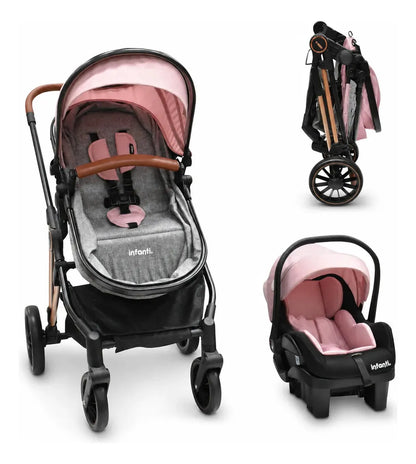 Carriola Travel System Ana Asiento Reversible Convertible en Bambineto, Portabebé Autoasiento y Base, Plegado Compacto, Arnés de 5 Puntos, Toldo con Ventanilla, Cubrepiés y Canastilla Infanti
