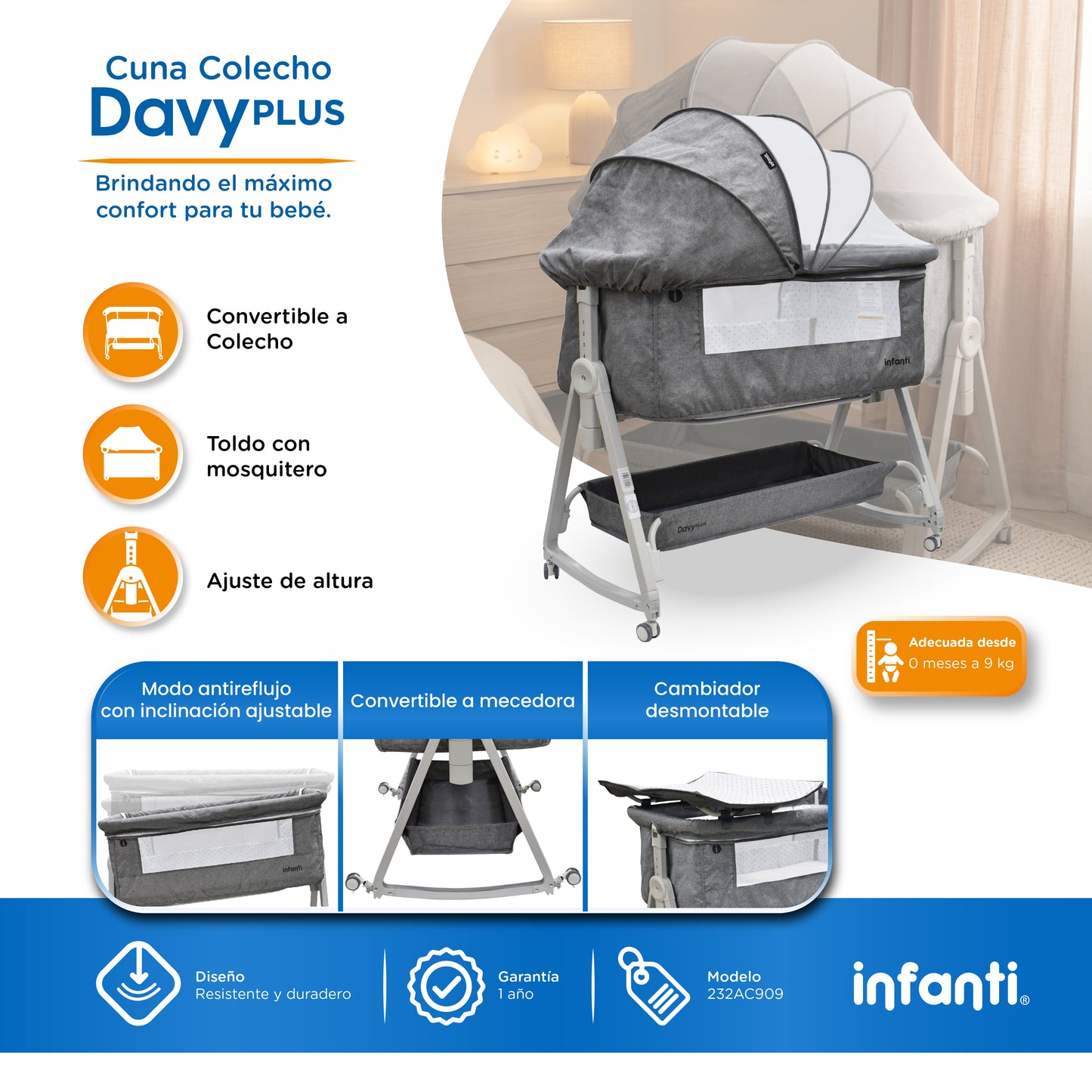 Cuna Corral Con Mosquitero Davy Plus Gris Con Cambiador Desmontable