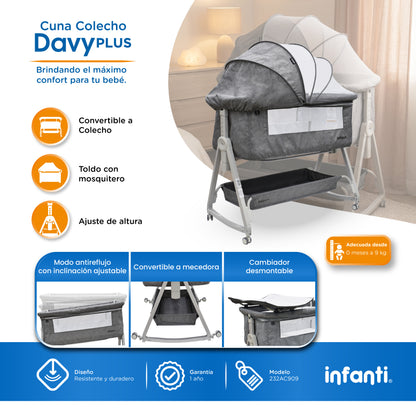 Cuna Corral Con Mosquitero Davy Plus Gris Con Cambiador Desmontable