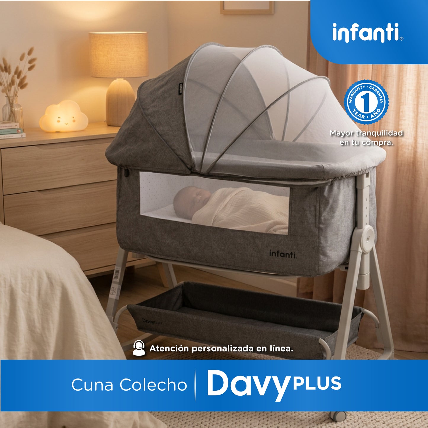 Cuna Corral Con Mosquitero Davy Plus Gris Con Cambiador Desmontable