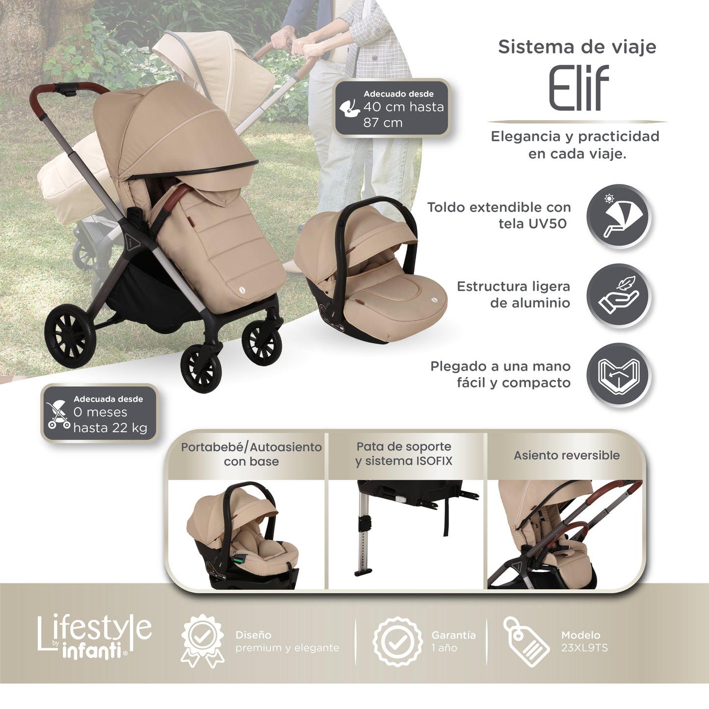 Carriola Elif Con Sistema De Viaje Base ISOFIX y Plegado Ultra Compacto