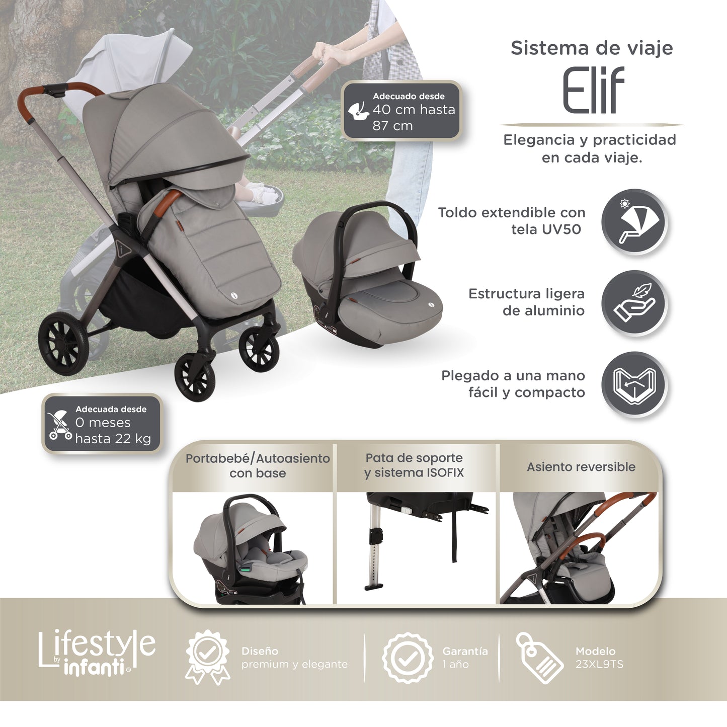 Carriola Elif Con Sistema De Viaje Base ISOFIX y Plegado Ultra Compacto