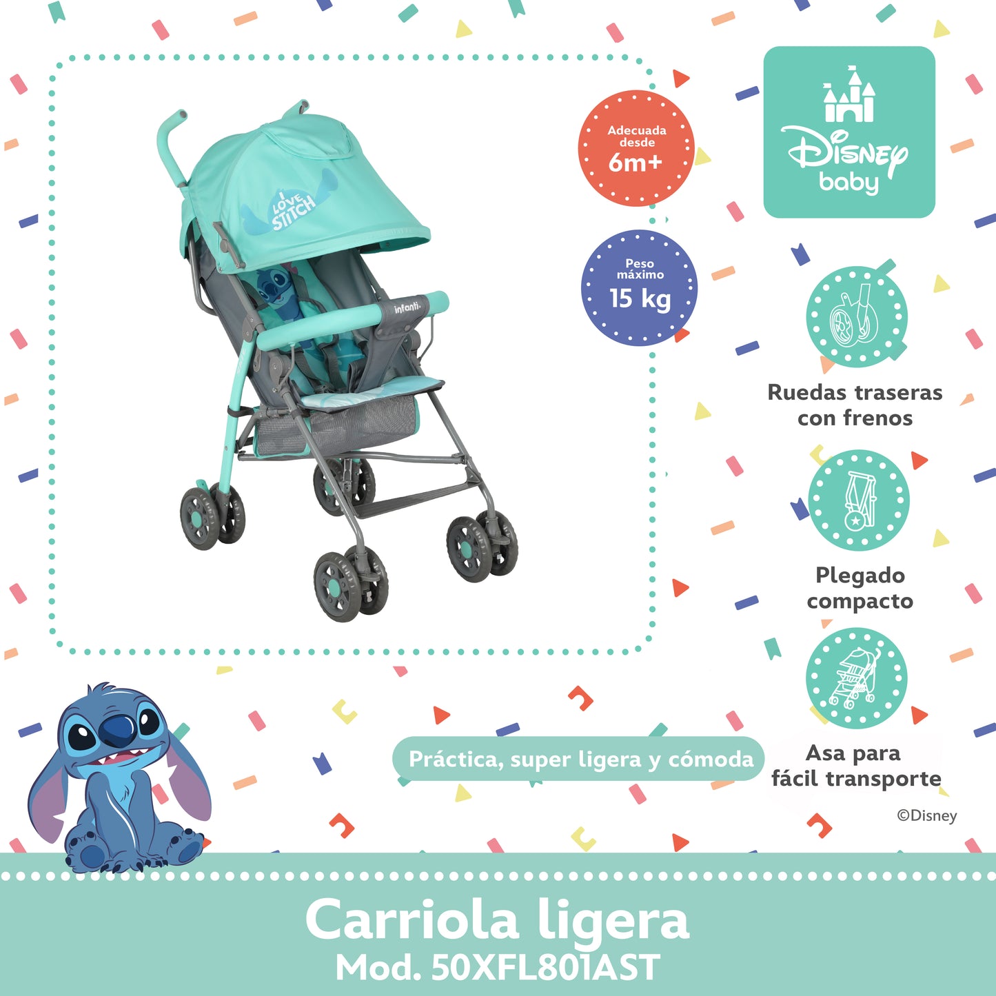 Carriola Bastón Stitch Disney Con Reclinación Ajustable Ultra Ligera y Plegable