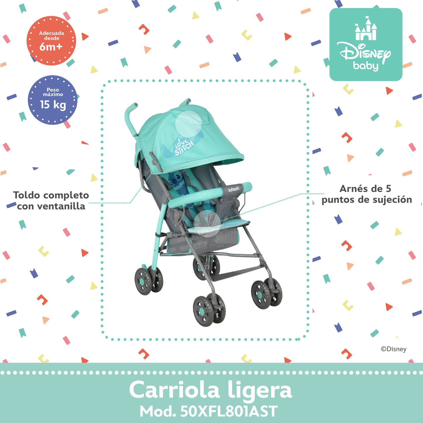 Carriola Bastón Stitch Disney Con Reclinación Ajustable Ultra Ligera y Plegable