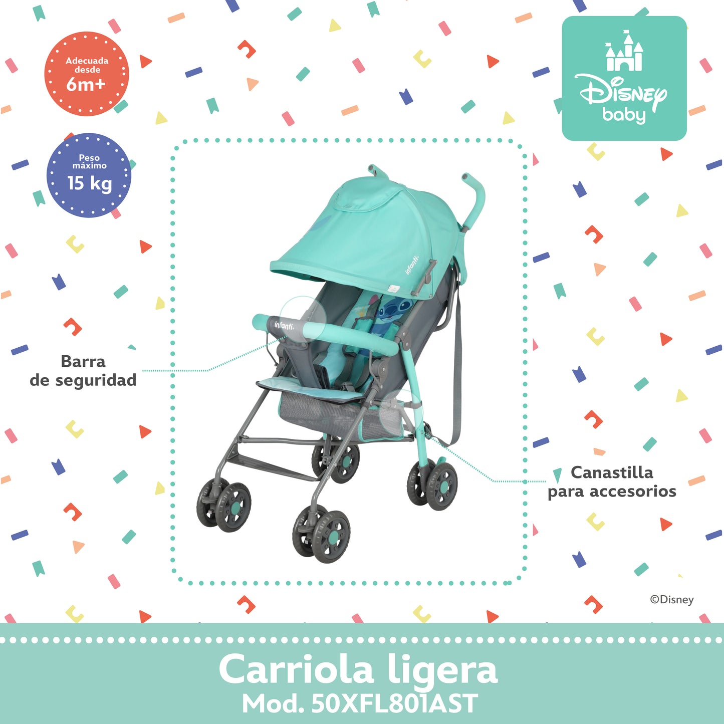 Carriola Bastón Stitch Disney Con Reclinación Ajustable Ultra Ligera y Plegable