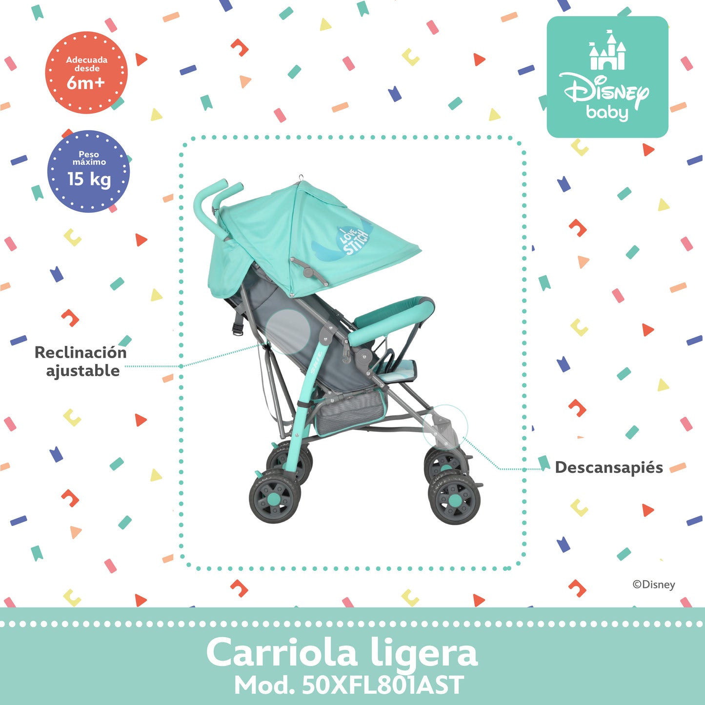 Carriola Bastón Stitch Disney Con Reclinación Ajustable Ultra Ligera y Plegable