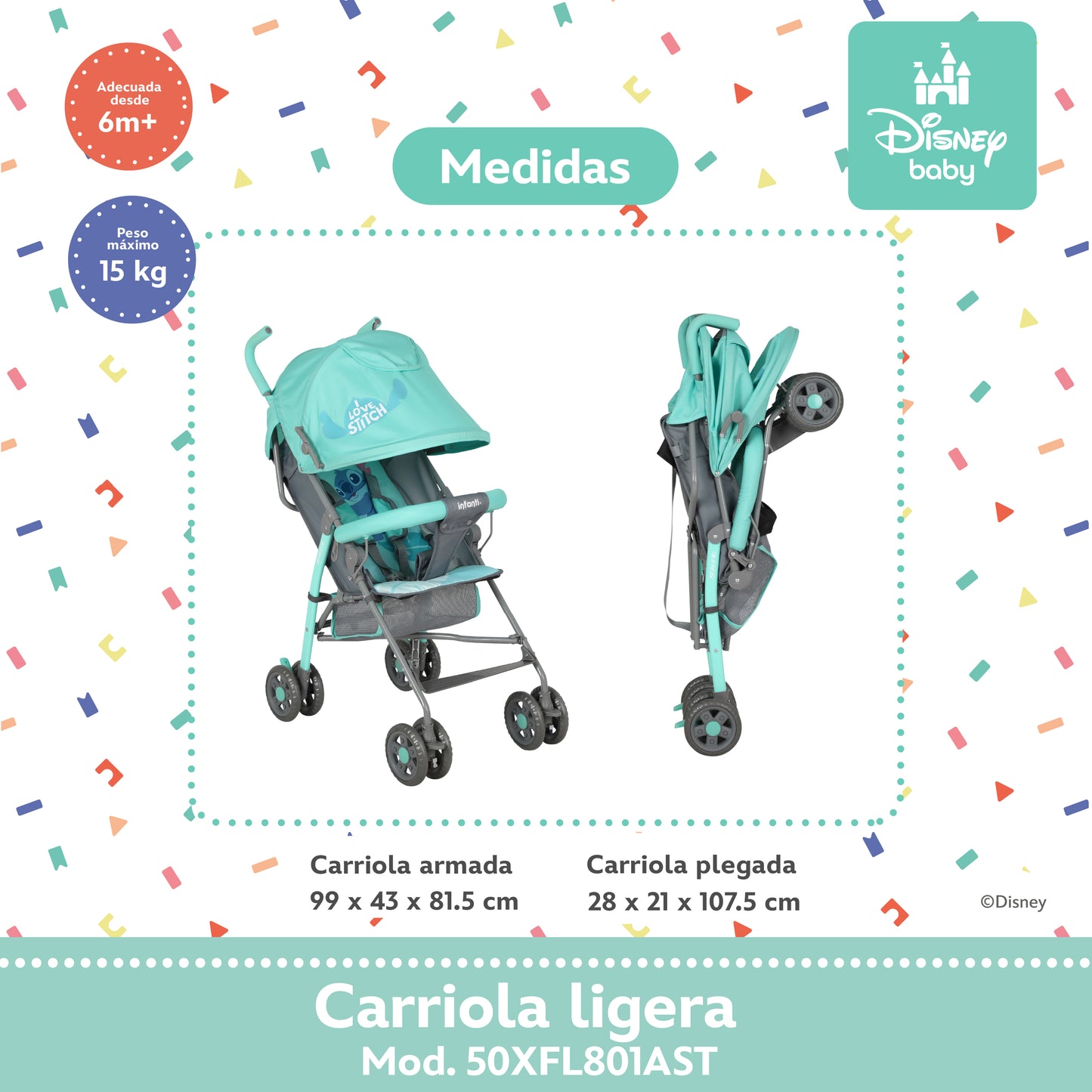 Carriola Bastón Stitch Disney Con Reclinación Ajustable Ultra Ligera y Plegable