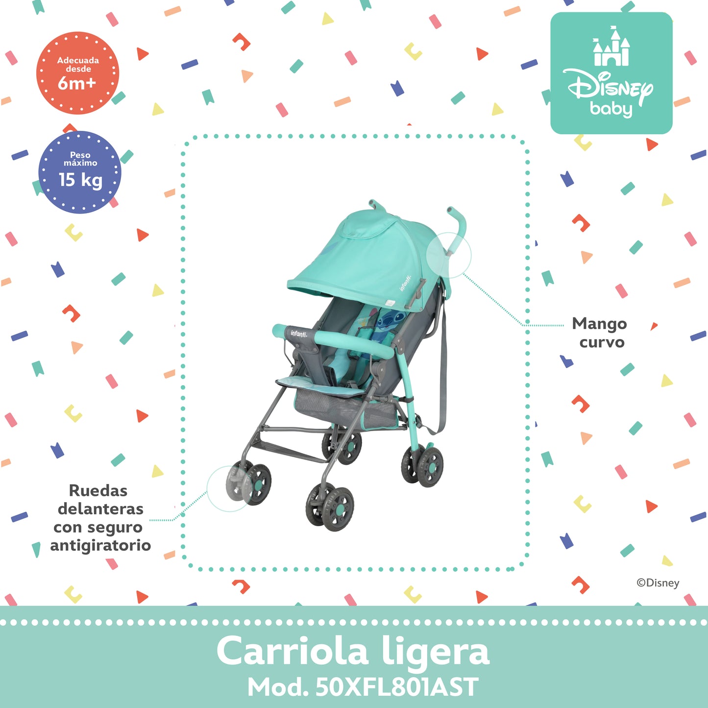Carriola Bastón Stitch Disney Con Reclinación Ajustable Ultra Ligera y Plegable