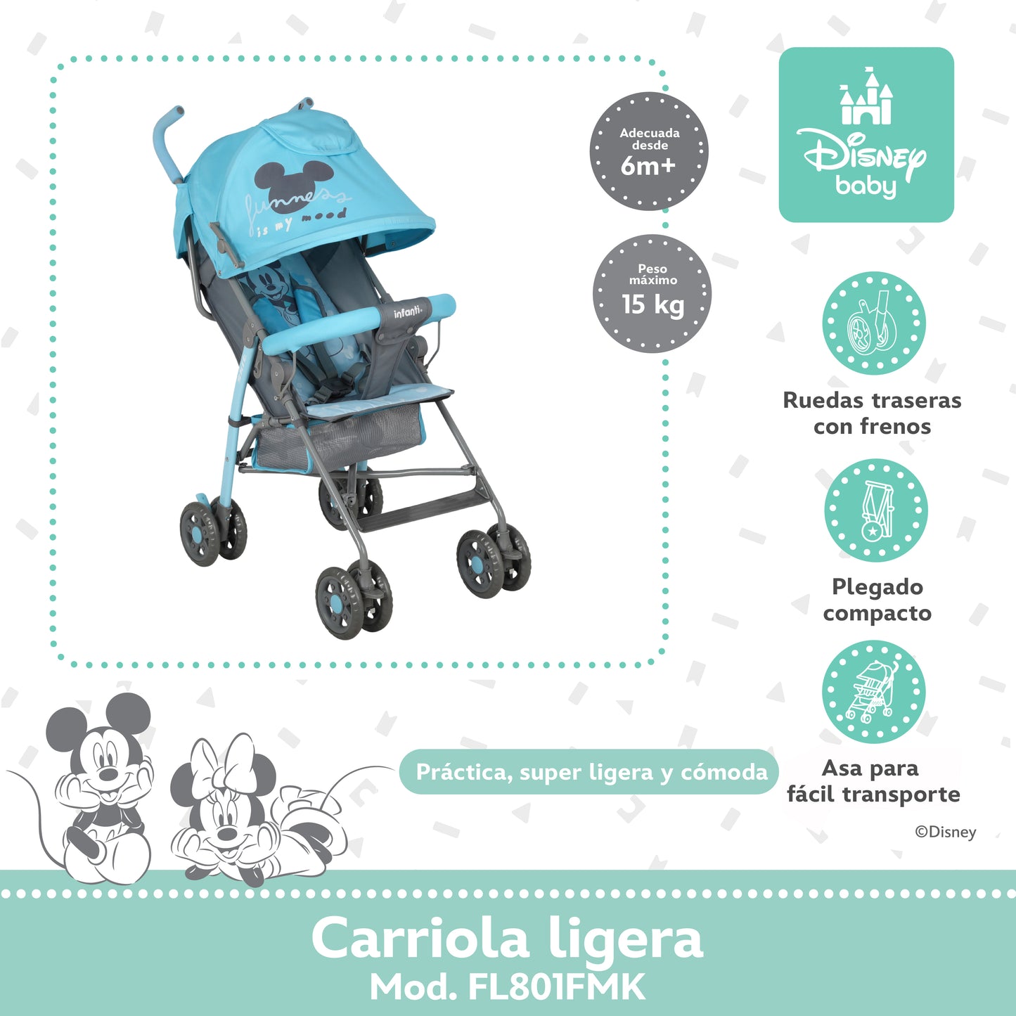 Carriola Bastón Mickey Disney Azul Ultra Ligera Plegable y Reclinación Ajustable