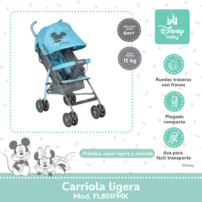 Carriola Bastón Mickey Disney Azul Ultra Ligera Plegable y Reclinación Ajustable