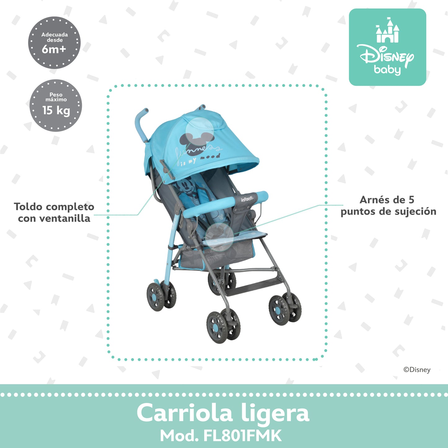 Carriola Bastón Mickey Disney Azul Ultra Ligera Plegable y Reclinación Ajustable