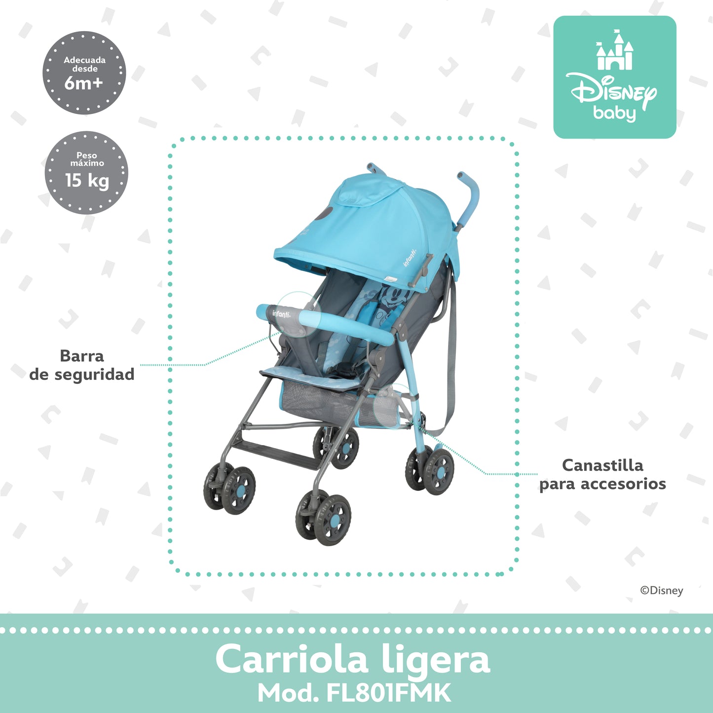 Carriola Bastón Mickey Disney Azul Ultra Ligera Plegable y Reclinación Ajustable