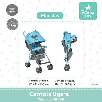 Carriola Bastón Mickey Disney Azul Ultra Ligera Plegable y Reclinación Ajustable
