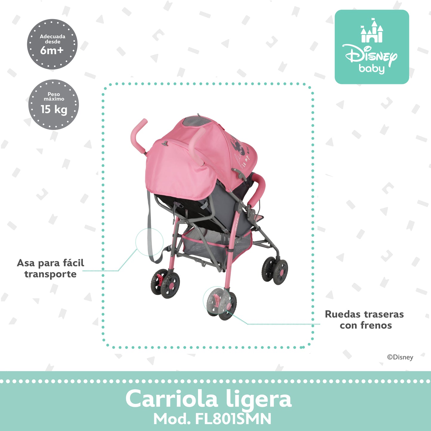 Carriola Bastón Minnie Disney Rosa Ultra Ligera Plegable y Reclinación Ajustable